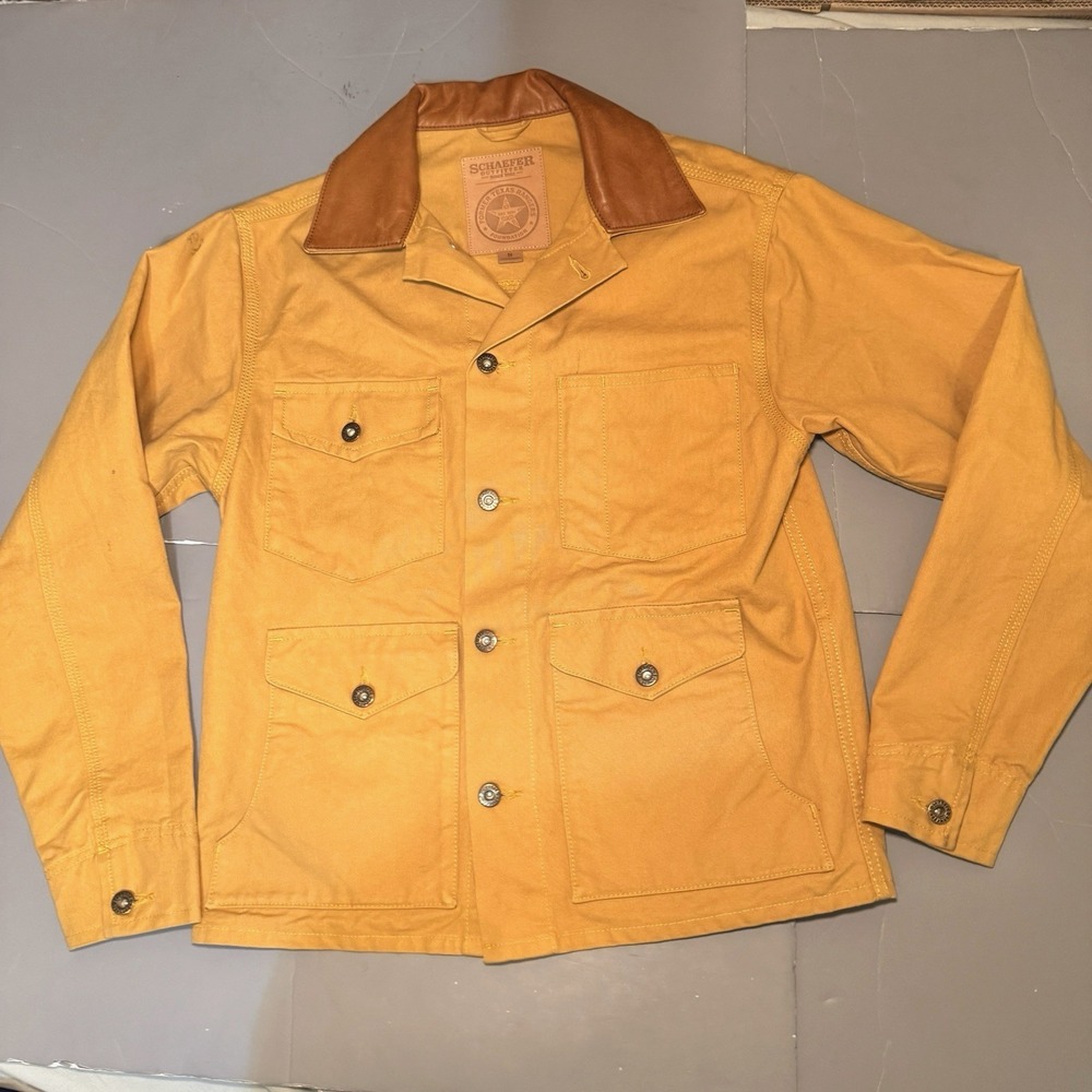 Schaefer Outfitters Cotton Denim Jacket Mens S Small Yellow Brown Leather Collar